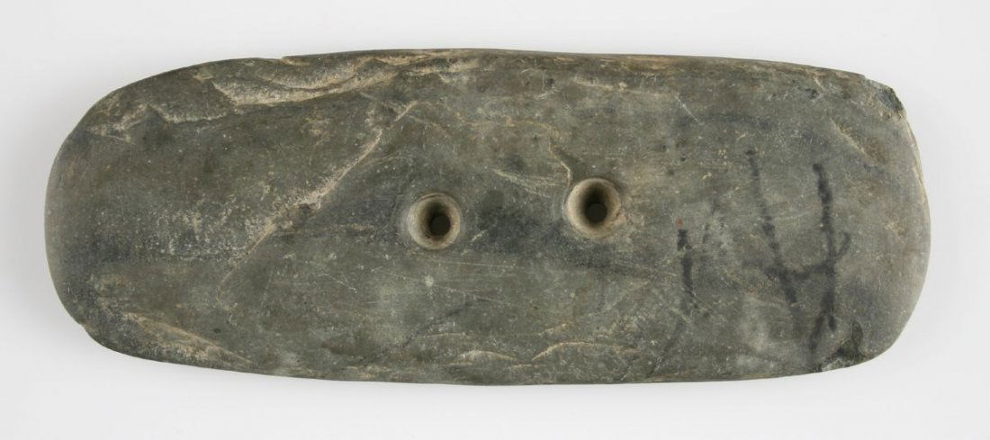 4 13/16" Adena Rectangular Gorget: Uncleaned example loaded with mineralization. Found near the Woodlawn Cemetery, North of Ada in 1965 - Ohio Ex - Russell Long Collection 2132