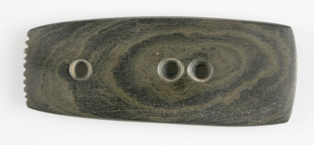 3 3/4" Triple Drilled Fringed Gorget: Many tallies along upper edge. Green Banded Slate Found by Jim Miller on feurt Site Scioto county Ohio Ex - Russell Long Collection