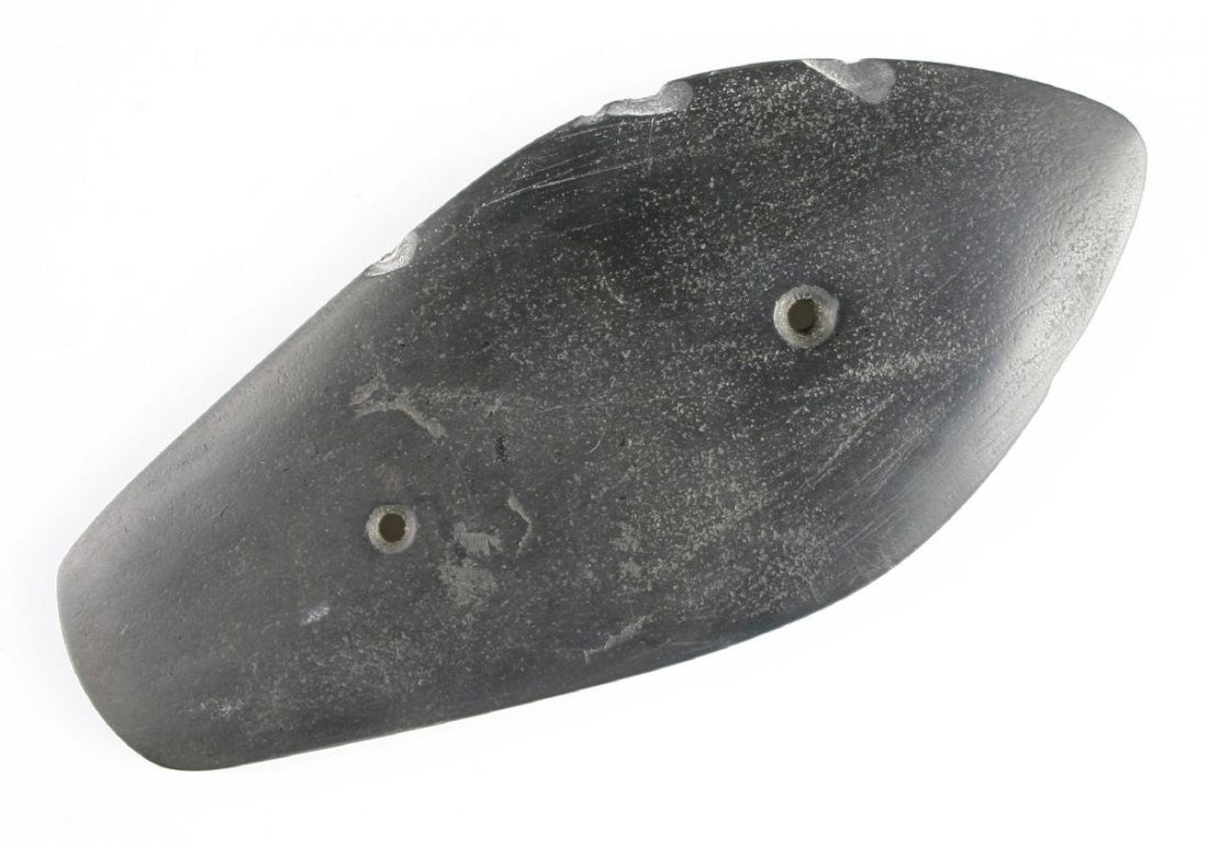6 3/4" Glacial Kame Sandal Sole Gorget: Large example in a black slate. Previous restoration has been removed. Found near the Evans Farm in McGuffey, Ohio along the Scioto Marsh. Ex - Russell Long Collection D109