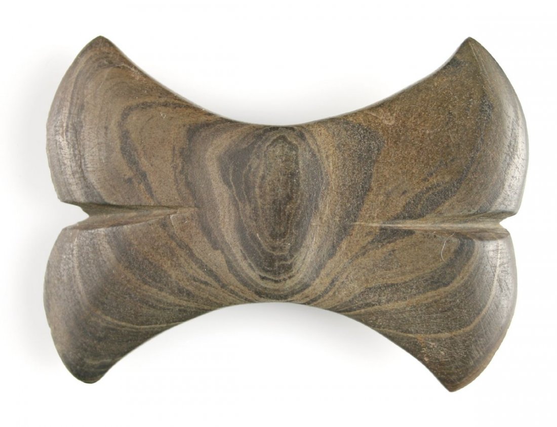 3 3/8" Double Crescent Bannerstone: Nicely made banded slate example. Restoration once on it has been removed from one edge. Earl turner Found this his son had ran a Dowel pin in the hole and had beat the edge into some gravel I gave ea