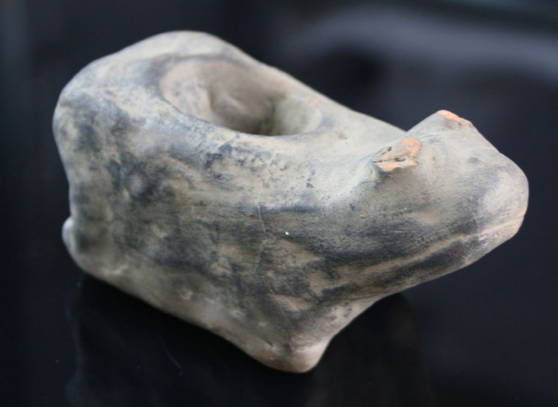 4" Frog Effigy Pipe: Arkansas example formerly of the Herb Kraft collection (#1813). Fired clay.