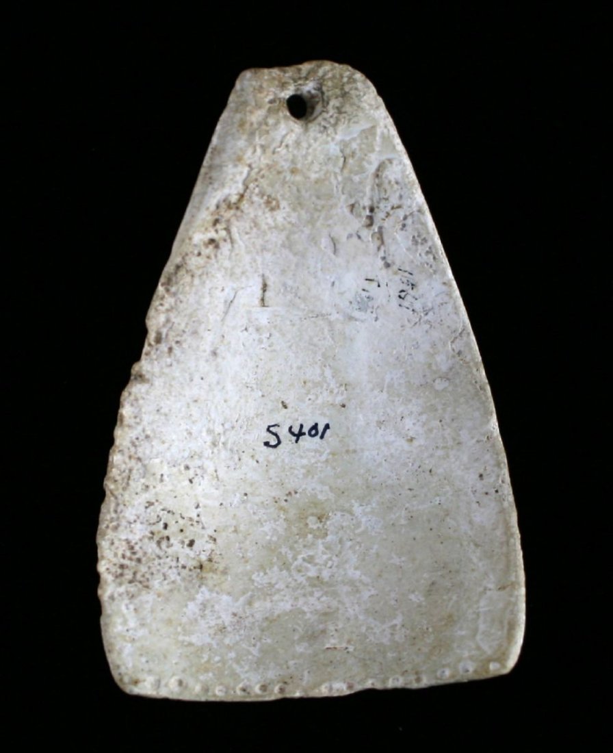 3 3/4" Shell Pendant with Engraving: Highly polished example with engraved circular 'dots' along basal edge. J.T. Collier Collection - Purchased in 1967 - Austin County,Texas Ex - Russell Long Collection T113/1561 S401