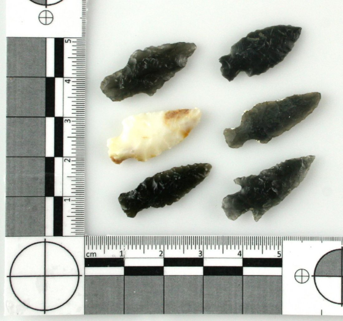 6 Super Oregon Points: Obsidian examples (one agate) from Eastern Oregon from the Scott Webb Family Collection collected between 1950-1960. Rose Springs, Wallula, other stemmed varieties represented.