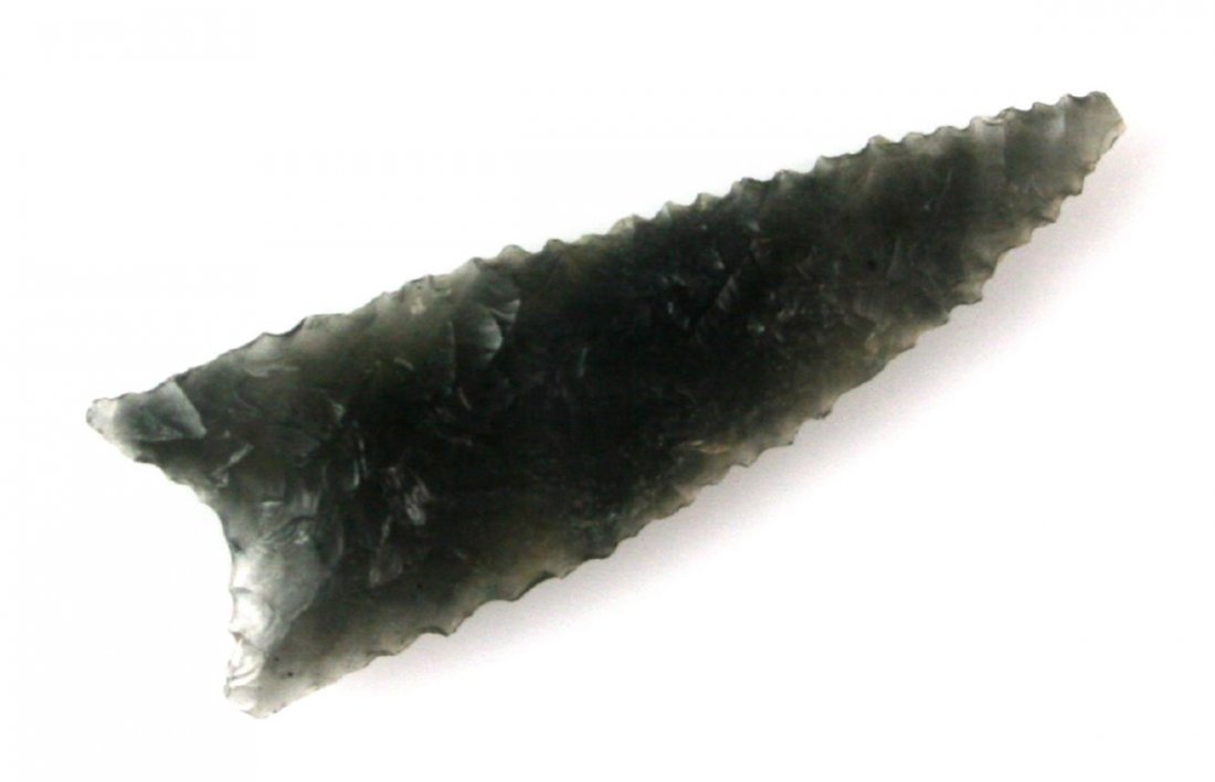 1 5/8" Humboldt: Obsidian example finely flaked with light serrations. Lake Co., Oregon. Ex - Reg Seely Collection.