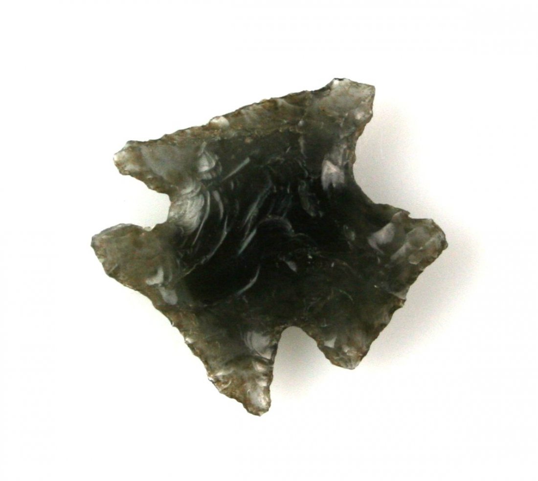 1" Bipointed Dart: Unusual exotic form of what appears to be an Elko point. Obsidian from Lake Co., Oregon. Ex - Seely Collection.