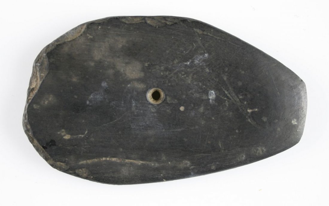 4" Gorget (Salvaged): Black slate example of a large Ovate Gorget/ Salvaged. Found on the J.N. Main Farm on Ridge North of Hog Creek - Ohio Ex - Russell Long Collection 74