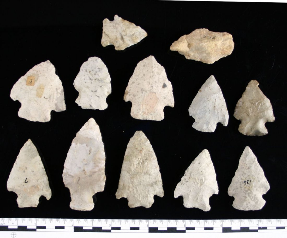 12 Nice Archaic Corner Notches: Various cherts. Ohio. Ex - Russell Long Collection
