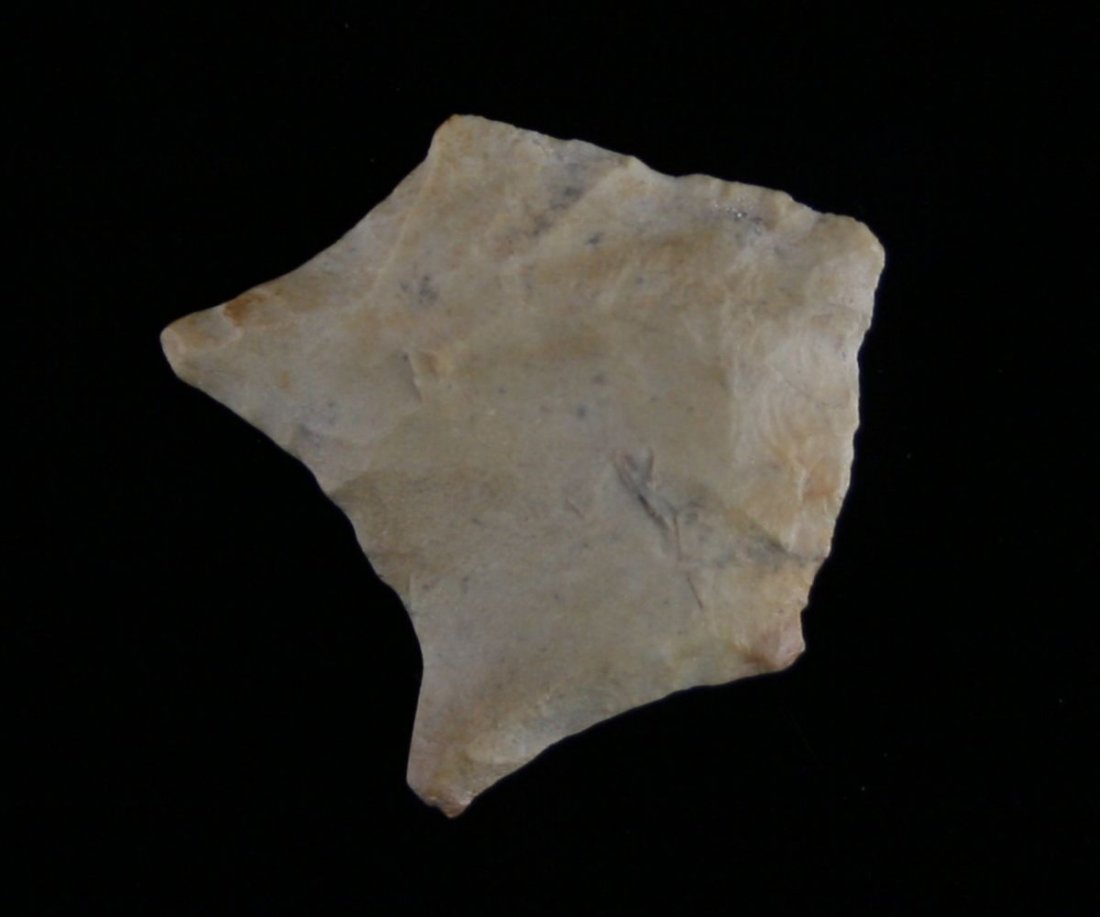 1 1/8" San Patrice: Cream fossil chert example. Found on the Fossil Creek Site, East side of Sabine River - Louisiana Ex - Russell Long Collection L40/90