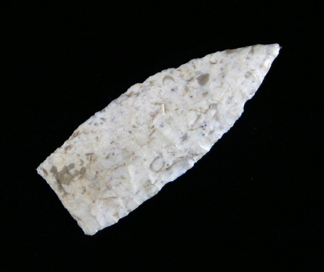 1 3/16" Paleo Dart: Paleo dart with fine flaking. White fossil chert. Oklahoma. Ex - Russell Long Collection