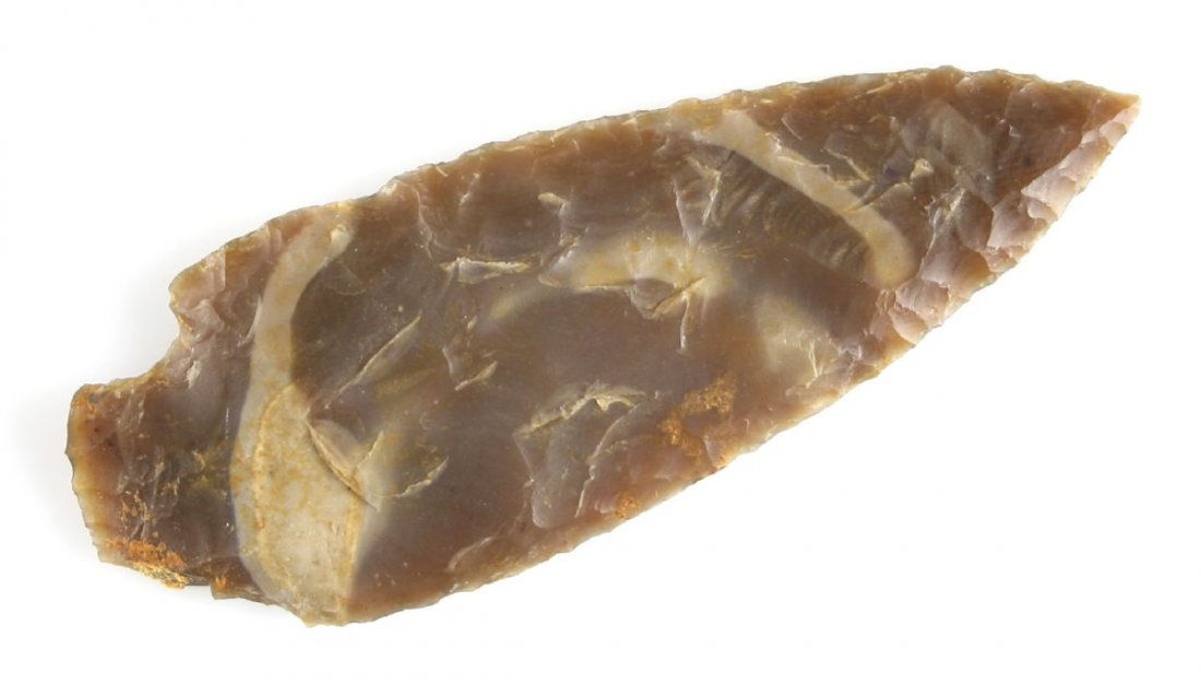 3 1/16" Archaic point: Totally translucent high grade Edwards Plateau Chert. Found in Hardin County, Texas - Salt Pond Shore Ex - Russell Long Collection T9/1