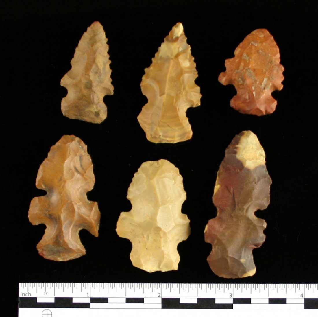 6 nice Evans Points: Nice assortment of Jasper pieces. Found in Jasper County, Texas - Near Sam rayburn Dam Site in 1935 Ex - Russell Long Collection T66