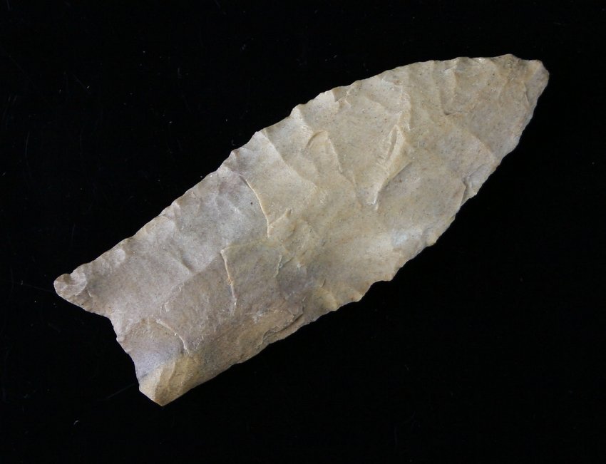Ultra Rare 2 1/4" Barnes Variety Cumberland: Pretty multicolored Fossil Chert. Probably Fort Payne. Double fluted on one side. 20% flute on the other. Found near the Kentucky/Tennessee border.