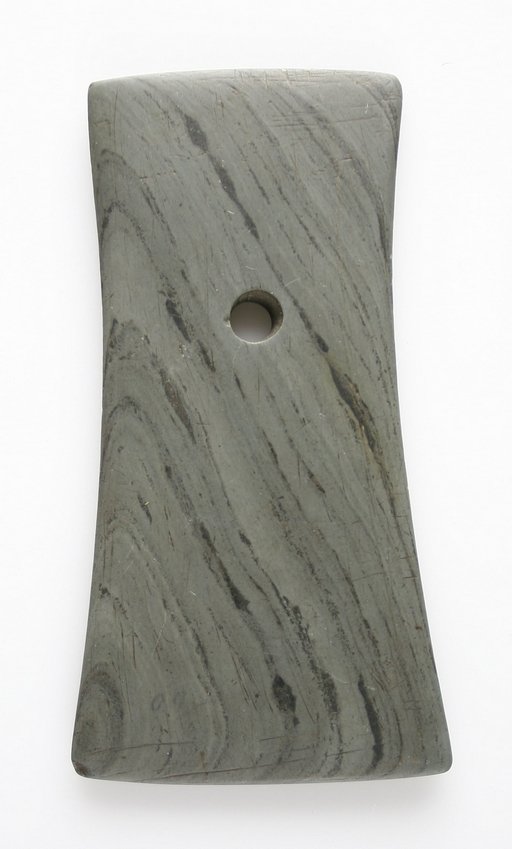 4 1/8" Hopewell Bell Pendant - Davis G-9 COA: Super nicely made thin pendant in green banded slate. Huron Co., Ohio. Davis G-9 COA.