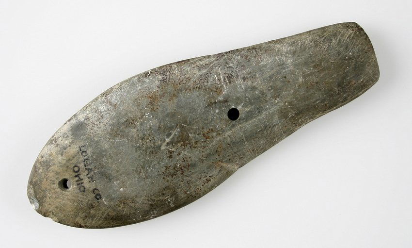 5 5/8" Glacial Kame Gorget - Jackson COA: Banded Slate example from Logan Co., Ohio. Ex - Cowan Hood Collection. Excellent mineralization and a no-brainer real artifact.