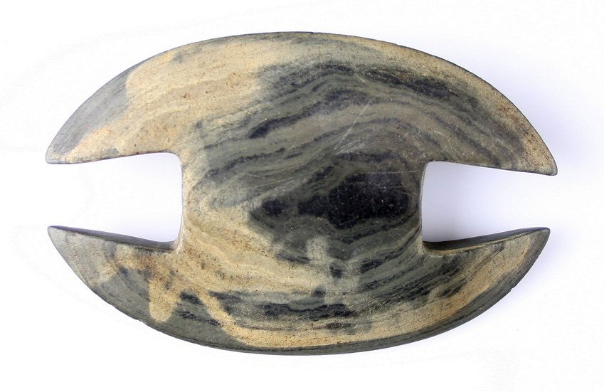 4 5/8" Notched Ovate Bannerstone - Jackson COA: Nice green banded slate example from Lorain Co., Ohio. Jackson COA. G-9/G-10 example.