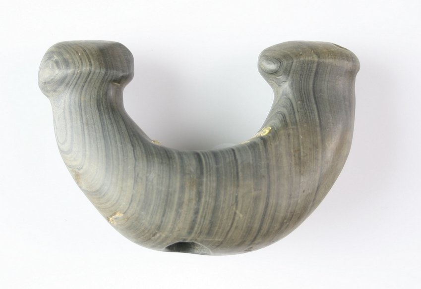 2 1/2"x3 5/8" Knobbed Crescent Bannestone: Found near Hopkins Park, Kankakee Co., Illinois. Green Banded Slate example formerly of the Parker Collection.