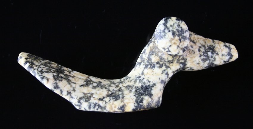 4 1/4" Popeye Birdstone - Howard COA: Pretty cream and black granite example from Branch Co., Michigan featuring a Howard COA.