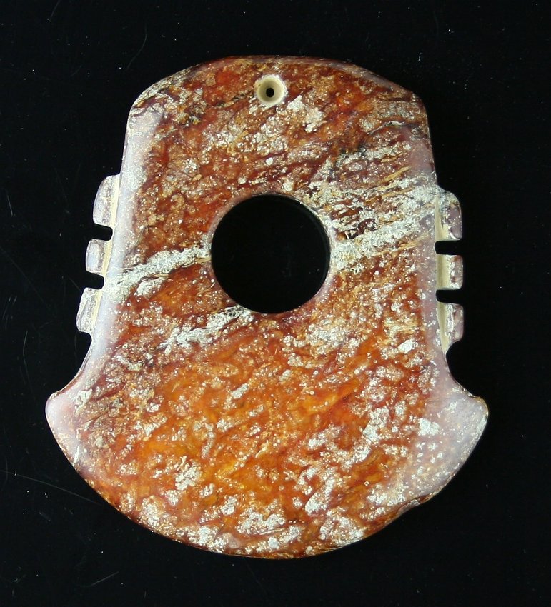 Beautiful Antique 2 1/4" Chinese Red Jade Axe Pendant: Absolutely beautiful. Archaic style axe form. The axe-head is a symbol of the Emperor's power over difficult situations. It is believed to ward off evil spirits as well. Early biconical drilling. Poli