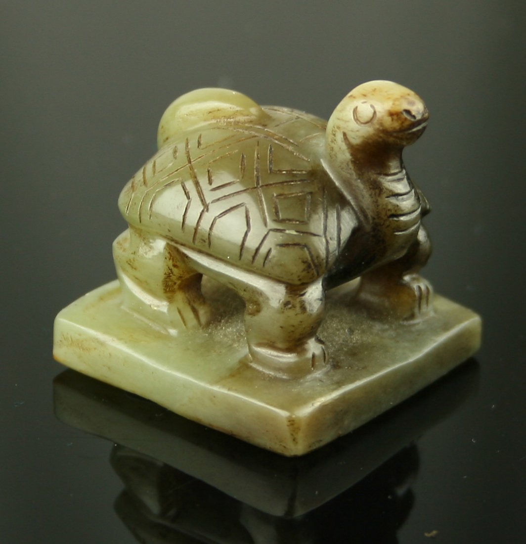 Exquisite Qing Dynasty Jade Seal: Beautiful translucent green Jade with intricate carving of old Han Dynasty style Jade Turtle seal. Measures 1 1/8" X 1 1/8". Old Pennsylvania Collection.