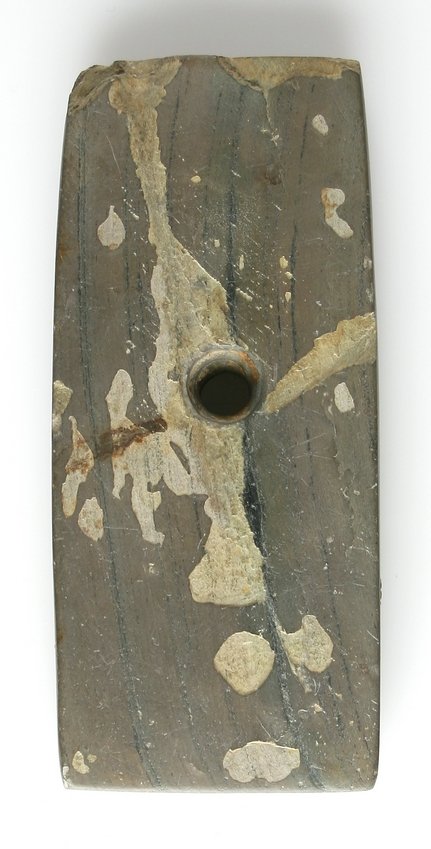 3 3/4" Adena Rectangular Pendant: Nicely banded slate with some defoliation to both sides. Ochre Residue Found by RJL on Rex Wilson Farm about the middle of the Fourth mile east of Ada, Ohio north of Woodlawn Cemetery Road. Dean Drisk