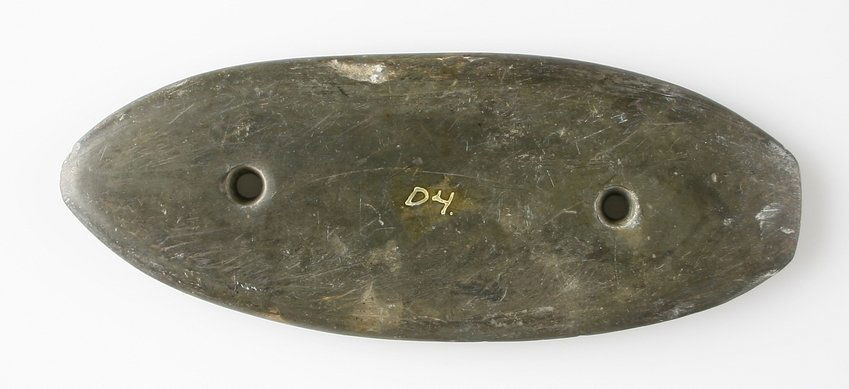 5 1/8" Glacial Kame Coffin Gorget: Nicely polished slate example. Restoration removed on one side. Heny Neff Collection - Scioto Marsh, hardin co, Â Ohio Ex - Russell Long Collection D4