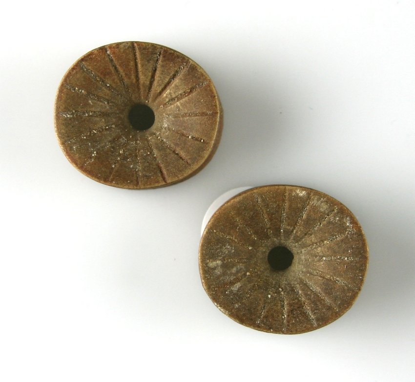 15/16" Pair of Ear Flares: Brown hardstone found near Spiro Mound Leflore co. ok. x Mc phearson Ex - Russell Long Collection