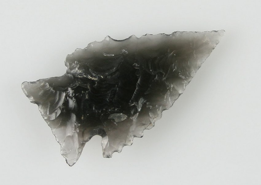 1 11/16" Elko Corner Notch: Niely made translucent example in obsidian found on the Bodle Family ranch in Klamath Co., Oregon.