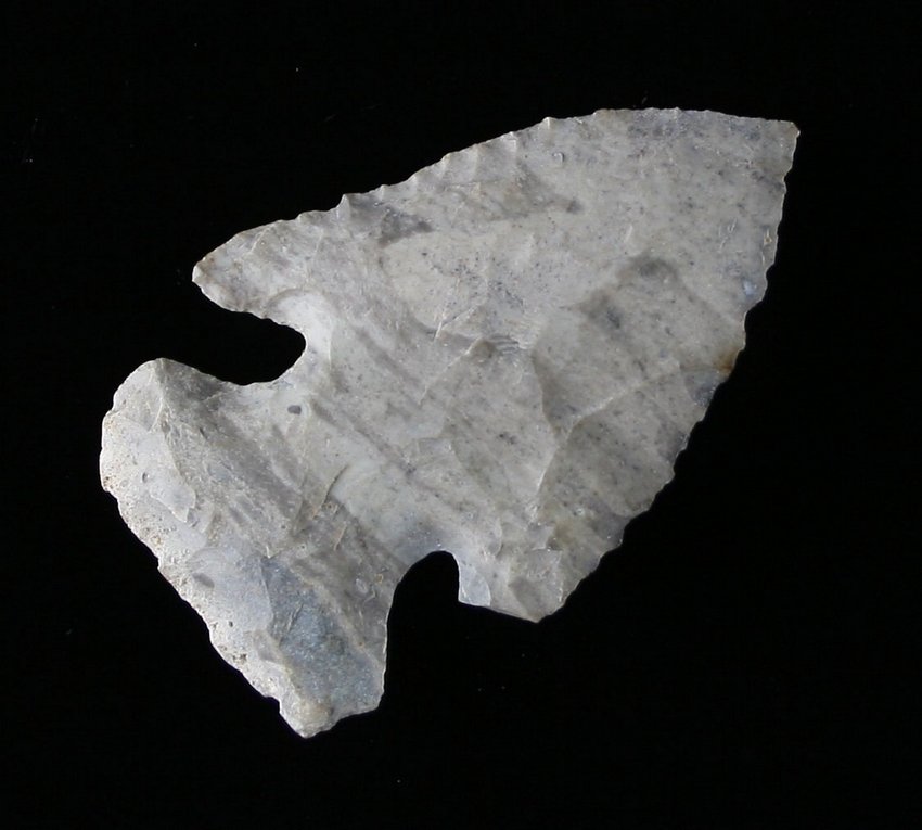 1 15/16" Thebes: Attica chert. Nicely flaked. Found near Hog Creek in Ada, Ohio - Earl Turner Collection Ex - Russell Long Collection M250