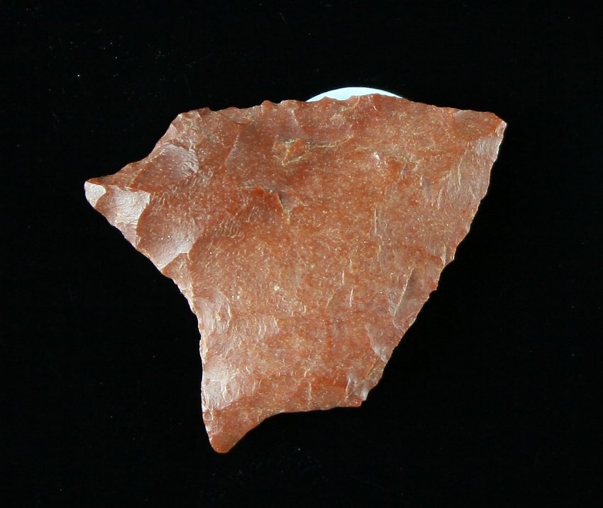 1 1/16" San Patrice: Nice red-orange flint example. found near buck Creek on Hemphill Rd. in Texas Ex - Russell Long Collection T152/316