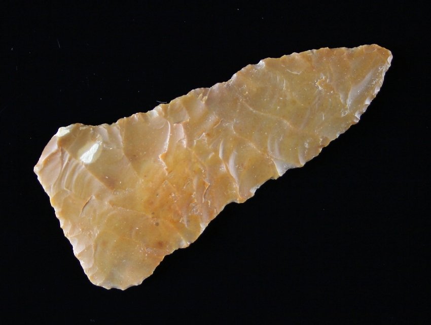 3 1/4" Friday: Orange patinated Edwards Chert. Nicely flaked! Very thin. Found in Galveston, Texas Ex - Russell Long Collection T19/395