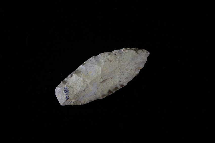 2 5/16" Agate Basin *Reworked: Nicholas Co., Kentucky example made from Cane Run Chert. Minor rework to two edges. Still a nice displaying relic.