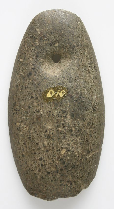 4 1/8" Ovate Gorget: Conglomerate material. 2 repair holes started prehistorically. Found in the Scioto Marsh District, Ohio - Henry Neff Collection Ex - Russell Long Collection D10