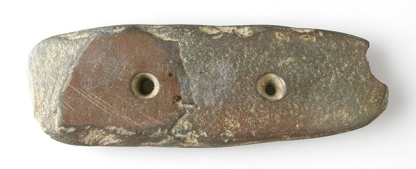 4 1/4" Adena Gorget: Slate example with ochre staining. Rhodes Collection - Ohio Ex - Russell Long Collection D49