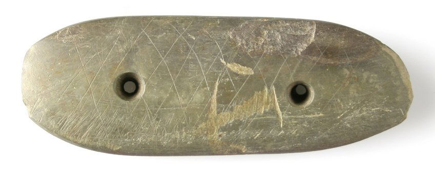 3 7/8" Engraved Gorget: Green and Red slate example. Diamond engraved pattern. Found on the Burnett Site in Ohio - Previously Dean Driskell Collection Ex - Russell Long Collection 124