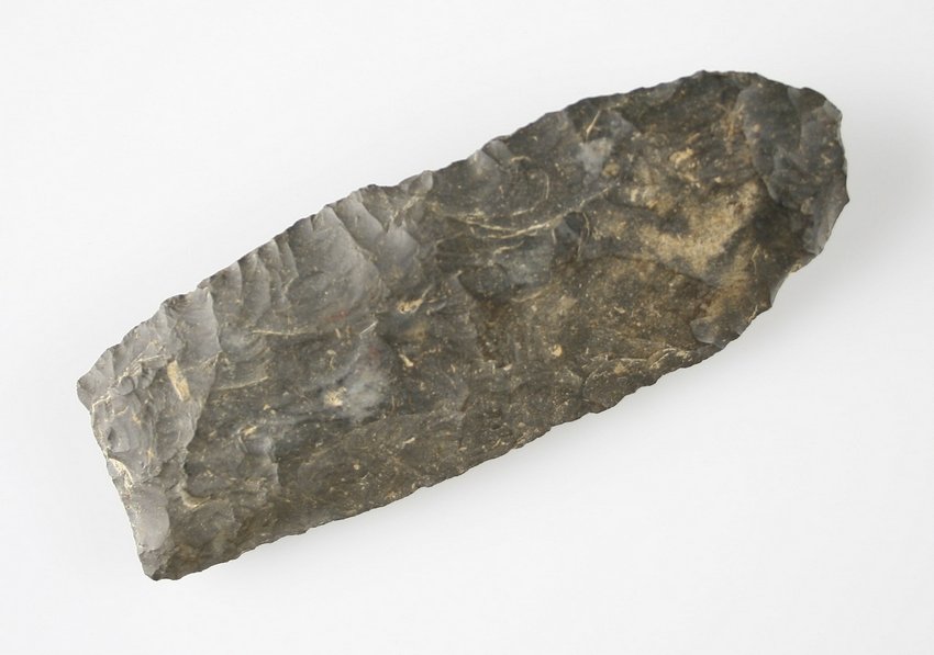 4 11/16" Paleo Square Knife: Coshocton Chert. Found 3 miles east of Ada, Ohio west of Hog Creek marsh Ex - Russell Long Collection 1382