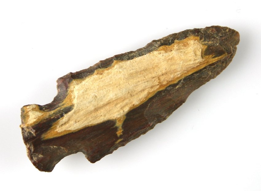 2 1/2" Archaic Knife: Purple Petrified Wood. Found in the Marathon Basin - 5 miles west of Fort Pena near Alpine, Texas Ex - Russell Long Collection T13/87