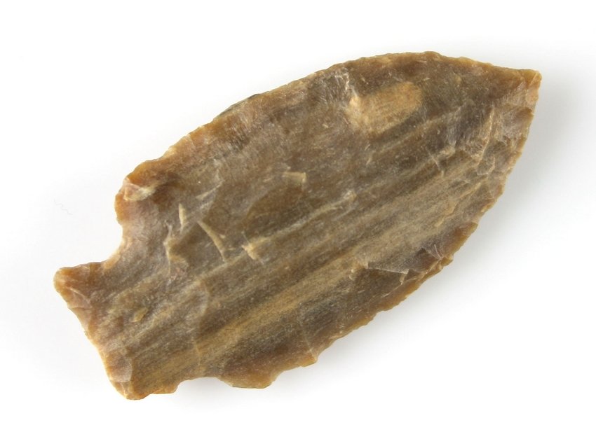 2 1/16" Archaic Corner Notch: Petrified Wood example. Nice colors. Found in the Marathon Basin - 5 miles west of Fort Pena near Alpine, Texas Ex - Russell Long Collection T13/90
