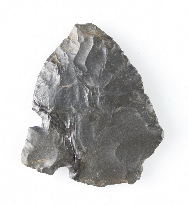 2 1/2" Mid Back Tang *Broken and Glued: black chert example. Broken and glued. Found in Livingston, Texas - Andy Wiggins Site Ex - Russell Long Collection T154/94
