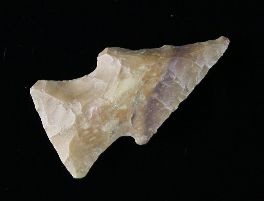 1 5/8" Williams: Tan and red banded chert. Purchased from the J.T. Collier Collection in March of 1967 - Fayette County, Texas Ex - Russell Long Collection T113/217