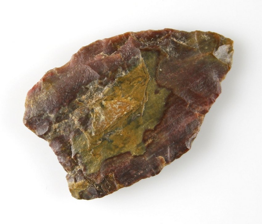 1 3/4" Paleo Dart: Purple petrified wood with yellow/green accents. Found by John Guy - Louisiana Ex - Russell Long Collection L40/3