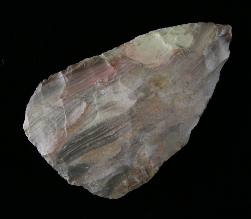 2 11/16" Hopewell Preform Blade: Flint Ridge Nethers in pinks and blacks. Nice! Found near Hog Creek in Ada, Ohio - Earl Turner Collection Ex - Russell Long Collection M125