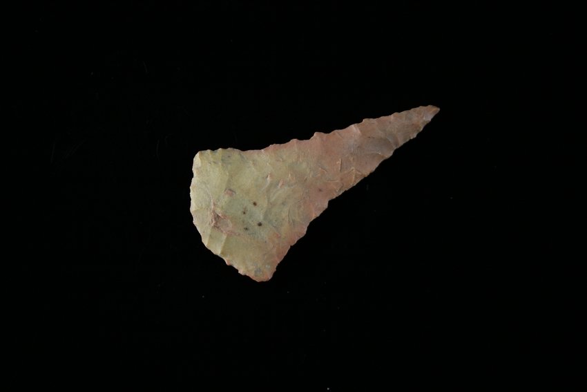 2 1/16" Triangle: Pink fossil chert Purchased from the J.T. Collier Collection in March of 1967 - Montgomery County, Texas Ex - Russell Long Collection T113/218