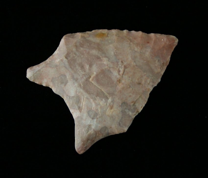 1 5/16" San Patrice: Pink Chert. Found near the Sam Raybum Site in Texas - 1965 Ex - Russell Long Collection T66/792