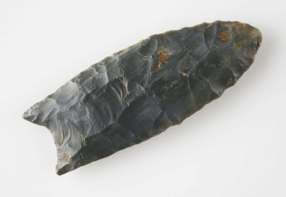 3 1/16" Flint Ridge Clovis - Bennett & Partain COA's: Superb double fluted example made of an extra pretty and glossy dark blue Flint Ridge. Found in Stark Co., Ohio. Bennett & Partain COA's.