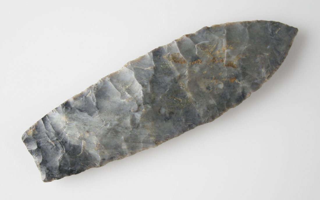 3 7/8" Ohio Lance - Partain COA: Ground base and lateral edges. Beautiful multicolored Coshocton Chert. Provenance listed as Ohio. Partain COA.