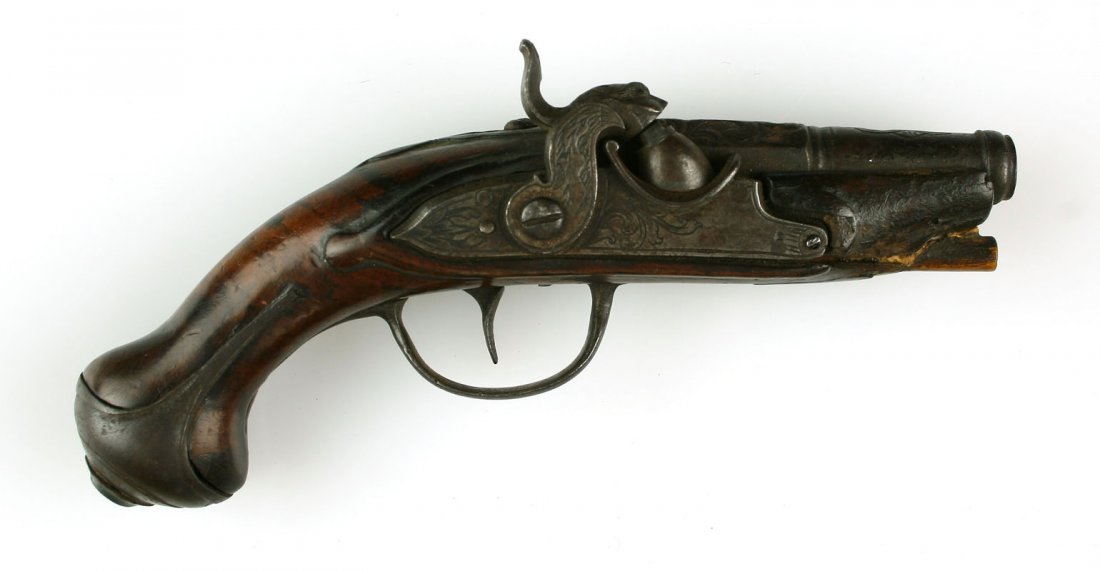 ANTIQUE 19th Century Blackpowder Derringer: Super nice example with engraved surfaces - some gilded on the barrel. Lion's head detail on the hammer. Working condition unknown. 1840's-1850's - SHIPPING RESTRICTIONS MAY APPLY