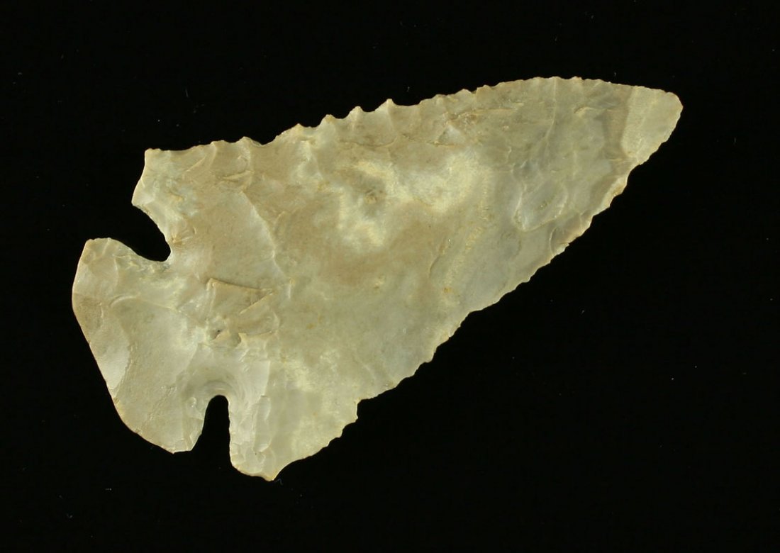 3 1/16" Fractured Base Dovetail - Johnson G-9 COA: Nice example in banded Tyrone Flint. Ex - Col. Vietzen, Whitehead, Art Heaton Collections. Johnson COA. Butler Co., Ohio.