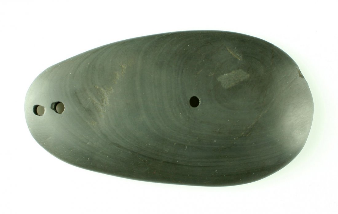 5 1/4" Glacial Kame Sandal Sole Gorget: Triple drilled slate example from Ohio. Estate sale find.