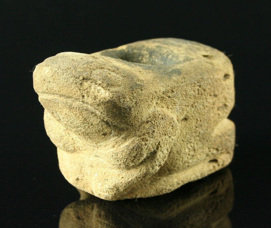 2 7/8" Frog Effigy Pipe: Limestone/sandstone example with heavy decay making material considerably lighter.