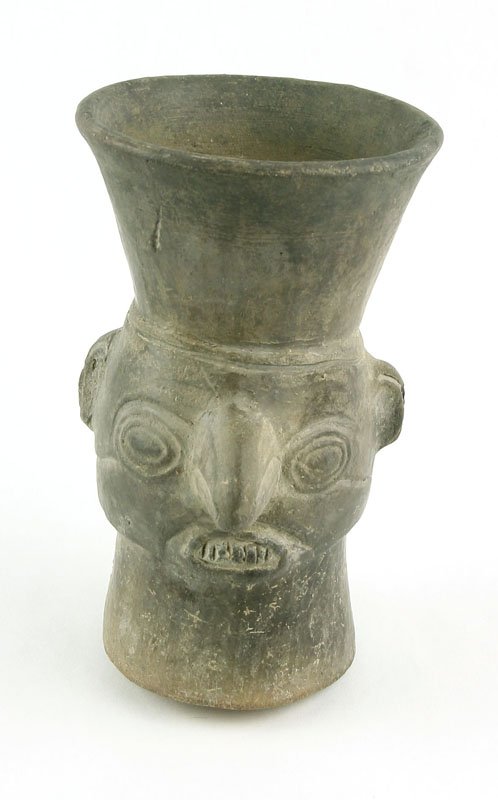 7 3/4" Moche Warrior Cup: Large cup depicting a warrior. Nicely made. 300-700AD